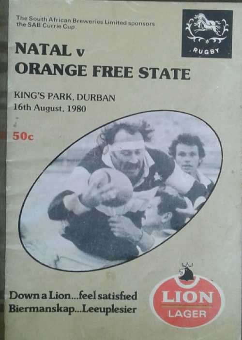 Currie cup Programme Natal v Orange Free State King's Park Durban 16th August 1980