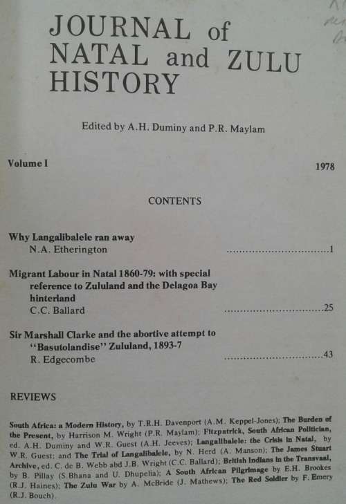 Journal of Natal and Zulu History Volume 1 1978