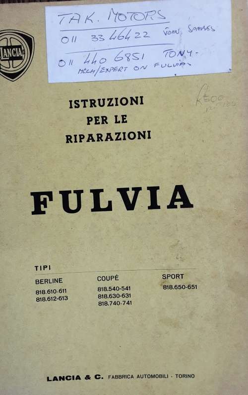 Istruzioni Per Le Riparazioni Fulvia LANCIA reapair and Parts Factory Manual