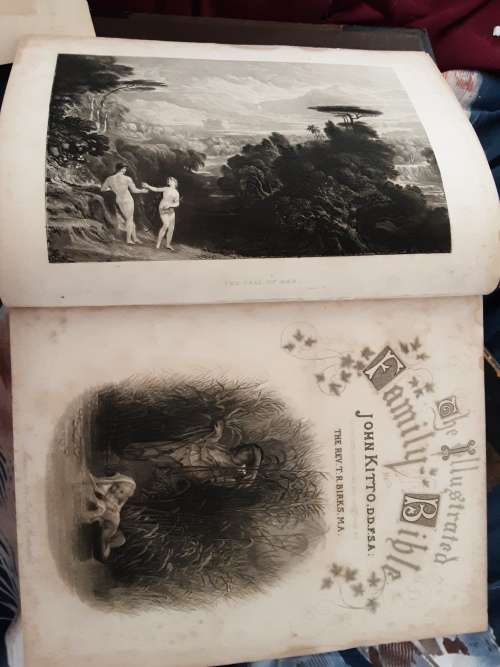 The Illustrated Family Bible  by John Kitto 1868, 2 Volmes, Leather Bound Spines Gold tipped Pages