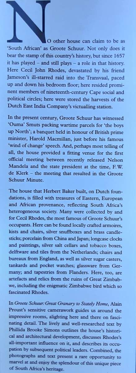 Groote Schuur, Great Granary To Stately Home by Simons **SIGNED by F W and Marika De Klerk***