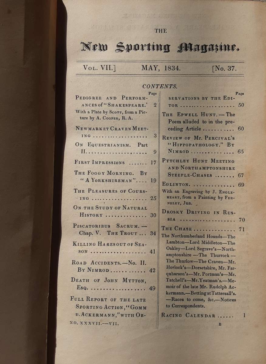 The New Sporting Magazine Vol VII May 1834 to October 1834 with index