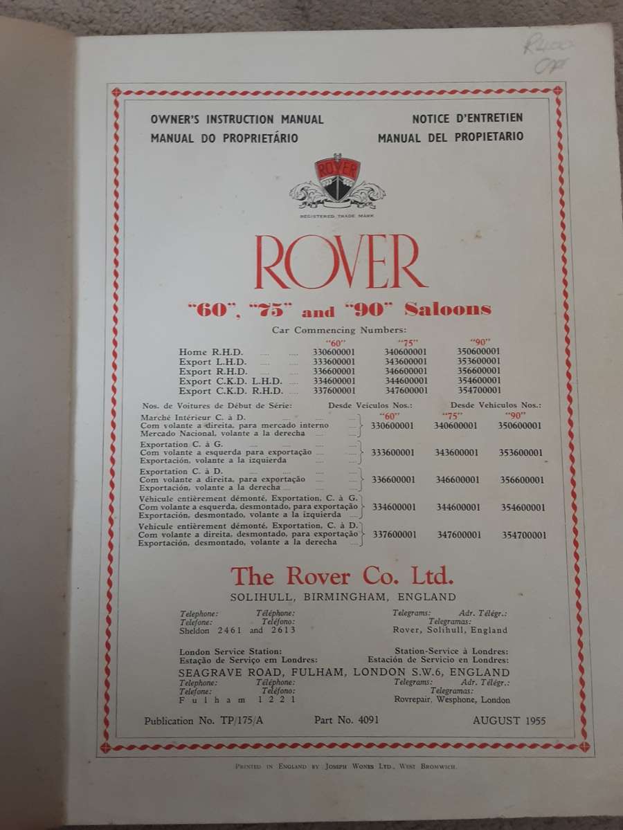 Rover 60 75 90 Saloons Owners Instruction Manual 1955