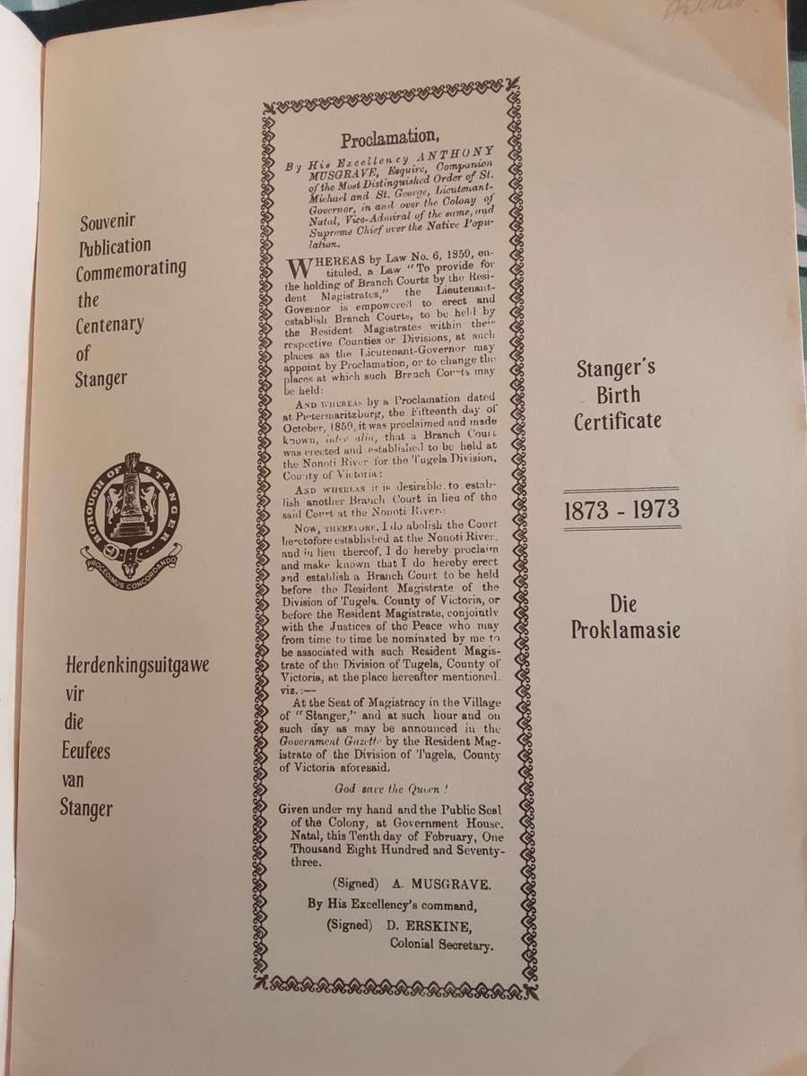 Souvenir Publication Commemorating the Centenary of Stanger 1873 - 1973