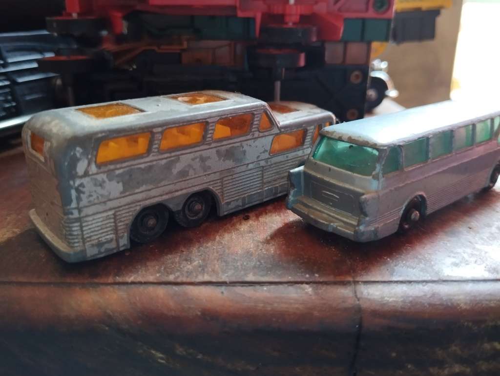 2 x Lesney Matchbox Vintage Bus Lot  - Royal Tiger and Greyhound - Regular Wheels