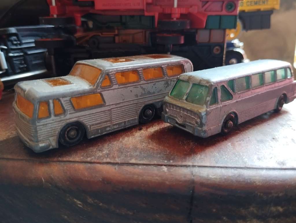 2 x Lesney Matchbox Vintage Bus Lot  - Royal Tiger and Greyhound - Regular Wheels