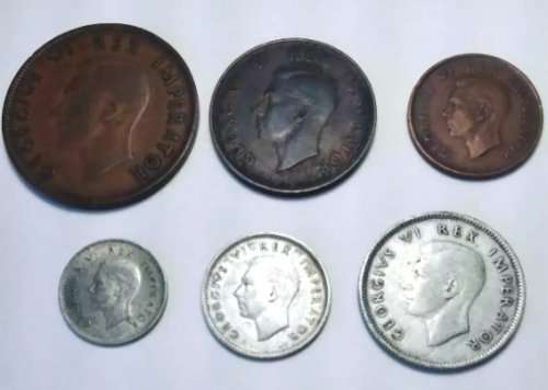 1943 Union Set - George VI - quarter penny, half penny, one penny, three pence,six pence, shilling