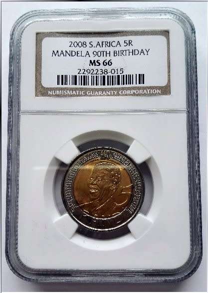 2008 S.AFRICA 5R - MANDELA 90TH BIRTHDAY - GRADED NGC MS66 - 7 AVAILABLE