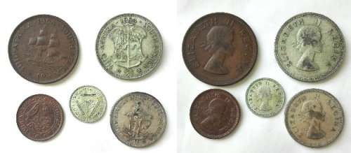 1954 set - quarter penny,  one penny, 3 pence, one shilling, 2 shilling - circ.