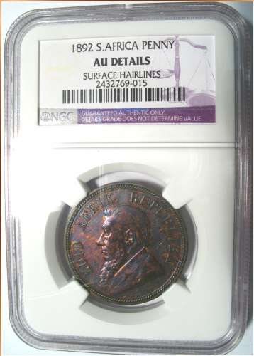 1892 - ZAR - Brown Penny - NGC AU Details - Surface hairlines -  toned - Start @ R1