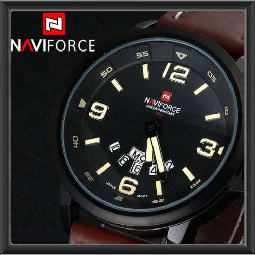 NAVIFORCE Quartz Stylish Military Oversize Day/Date (Brown Strap)