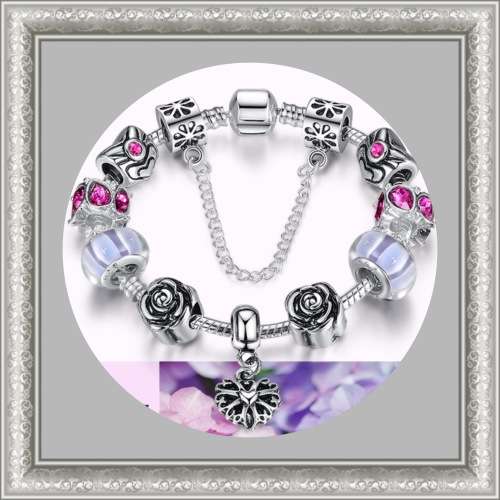 Silver Heart Snake Bracelet, Charms with Safety Chain Purple -  ( Also fit PANDORA Style Bracelet )