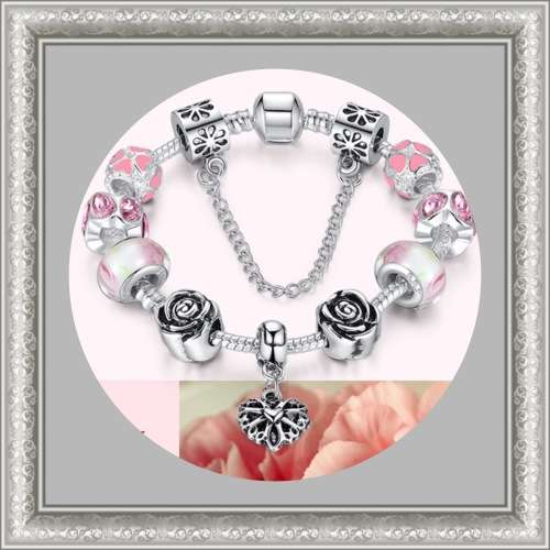 Silver Heart Snake Bracelet, Charms with Safety Chain Pink -  ( Also fit PANDORA Style Bracelet )