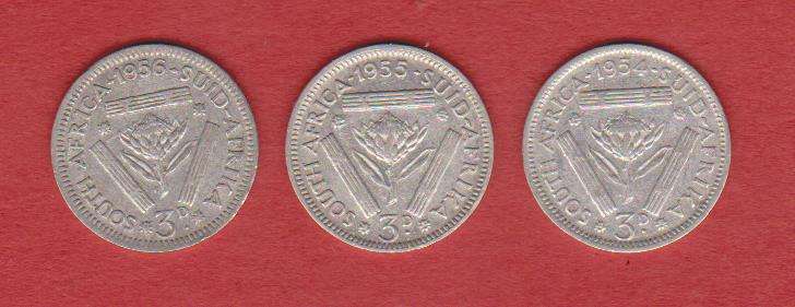 SA Silver Threepence 1954 & 1955 & 1956 Queen Elizabeth ll - 3d - Tickey