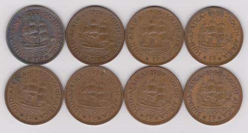 Complete Set South Africa 1 Penny 1d -  Queen Elizabeth ll - 1953 to 1960 - all 8 coins