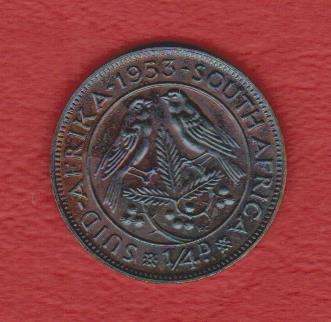 $ LOVELY TONE & GOOD GRADE $ South Africa 1953 Quarter Penny Farthing 1/4d