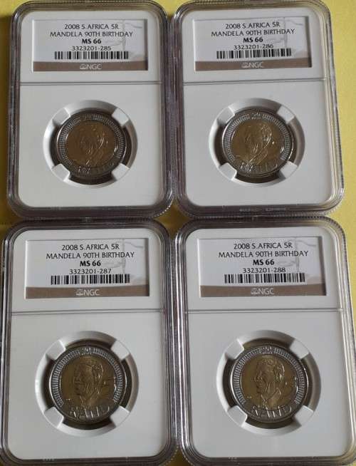 Set of 4 Consecutive NGC graded MS66 MANDELA 90TH BIRTHDAY R5 coins - 1 bid for all 4