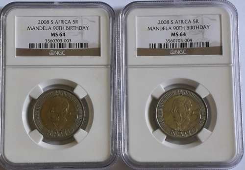 Set of 2 Consecutive NGC graded MS64 MANDELA 90TH BIRTHDAY R5 coins - 1 bid for both