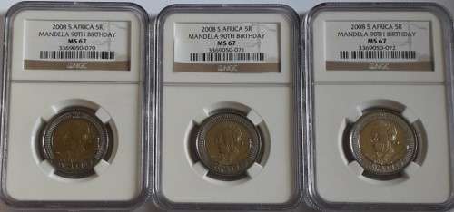 Set of 3 Consecutive NGC graded MS67 MANDELA 90TH BIRTHDAY R5 coins - 1 bid for all 3