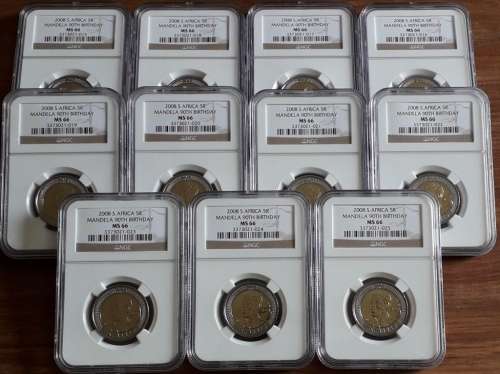 Set of 11 Consecutive NGC graded MS66 MANDELA 90TH BIRTHDAY R5 coins - 1 bid for all 11