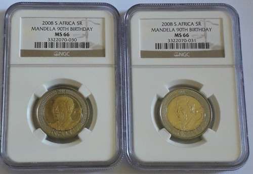Set of 2 Consecutive NGC graded MS66 MANDELA 90TH BIRTHDAY R5 coins - 1 bid for both