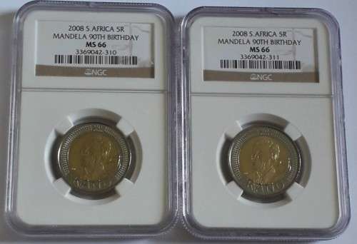 Set of 2 Consecutive NGC graded MS66 MANDELA 90TH BIRTHDAY R5 coins - 1 bid for both