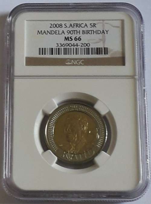 NGC graded MS66 MANDELA 90TH BIRTHDAY R5 coin - 9 available - bid per coin