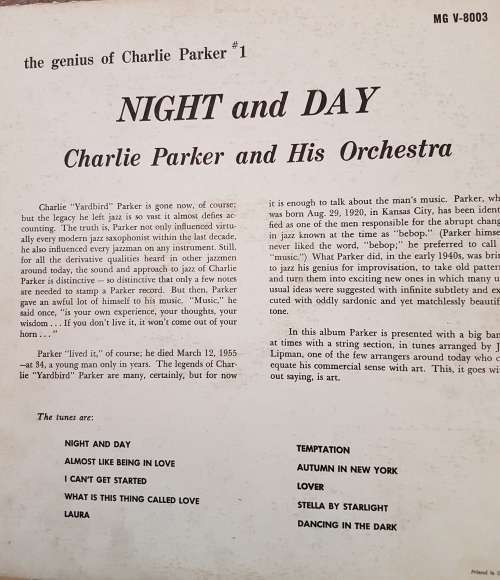 CHARLIE PARKER Night & Day (Excellent/Very Good+) Verve MG V-8003  Canadian Pressing 1957