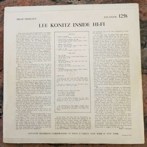 LEE KONITZ Inside Hi-Fi (VG/VG) Atlantic 1258 Released 1956 USA Pressing -COLLECTORS ITEM