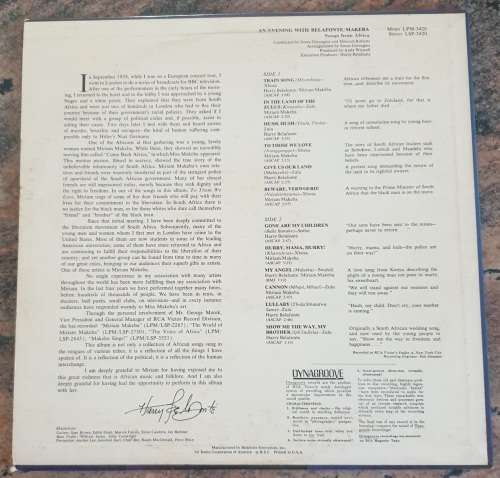MIRIAM MAKEBA An Evening With Belafonte/Makeba (G+/VG+) RCA Victor LPM-3420 USA Press 1965 - MONO