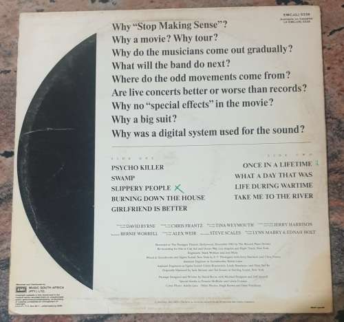 TALKING HEADS Stop Making Sense (Very Good+/VG) EMI EMCJ(L) 5338 SA Pressing 1984 - LIVE RECORDING