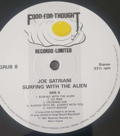 JOE SATRIANI Surfing With The Alien (VG+/VG+) Relativity GRUB 8 United Kingdom Pressing 1987