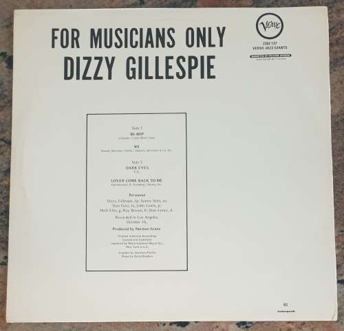 DIZZY GILLESPIE For Musicians Only (Very Good+/Very Good+) Verve 2352 137 SA Pressing
