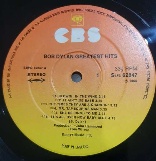 BOB DYLAN Greatest Hits (Very Good/Very Good) CBS 62847 United Kingdom Pressing - Slightly Warped
