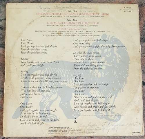 BOB MARLEY and THE WAILERS One Love (Good/Fair) Island IS 12169 SA Pressing 1984 - ``12 MAXI SINGLE