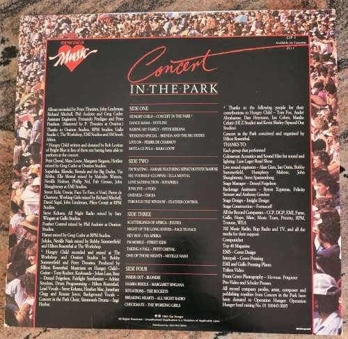 CONCERT IN THE PARK Various South African Artists - 2X LP - (VG+/VG+) Op Hunger CIP 1 SA Press 1985
