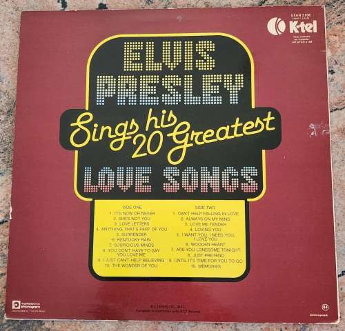 ELVIS 20 Greatest Love Songs (Very Good+/Very Good+) K-Tel STAR 5106 SA Pressing 1980