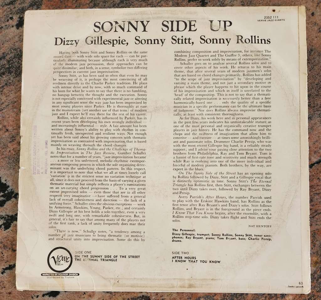SONNY STITT SONNY ROLLINS DIZZY GILLESPIE Sonny Side Up (VG/VG) Verve 2352 111 SA Pressing - RARE