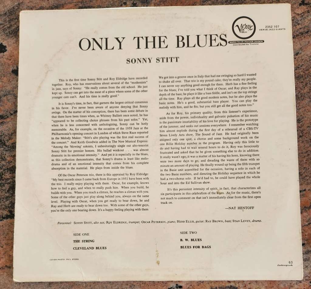 SONNY STITT Only The Blues (VG+/VG+) Verve 2352 107 SA Pressing - RARE