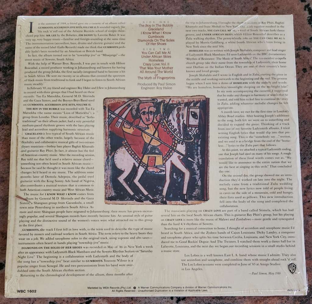 PAUL SIMON Graceland (VG+/VG+) Warner WBC 1602 SA Press 1986 - Lyrics inside