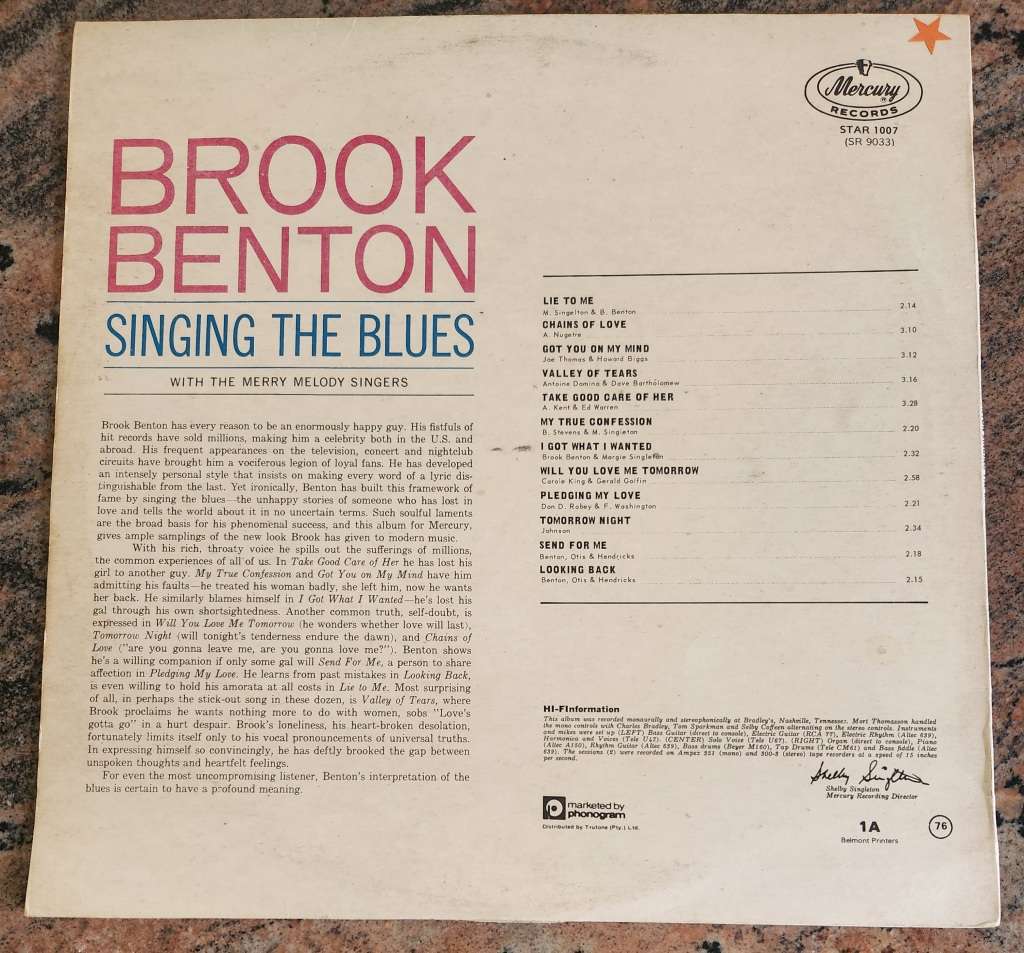 BROOK BENTON Lie To Me - Singing The Blues (VG+/VG) Mercury STAR 1007 SA Pressing