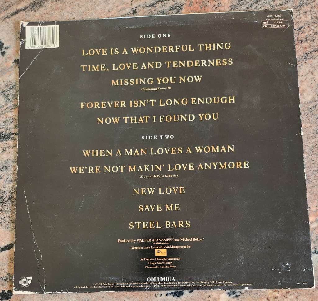 MICHAEL BOLTON Time, Love and Tenmderness (Very Good+/Very Good) Columbia ASF 3363 SA Pressing 1991