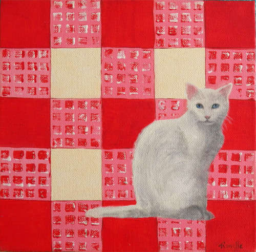 Kitty on Red 1 - Oil painting (200mm x 200mm x 35mm)