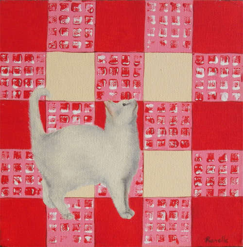 Kitty on Red 2 - Oil painting (200mm x 200mm x 35mm)