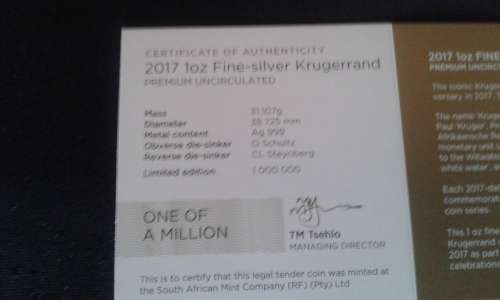 2017 Krugerrand - first 1 oz Silver Coin - with 50th celebration mark