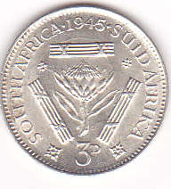1945 UNION OF SOUTH AFRICA  SILVER THREEPENCE (TICKEY)