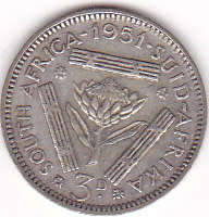 1951 UNION OF SOUTH AFRICA  SILVER THREEPENCE (TICKEY)