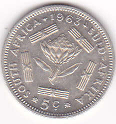 1963 SOUTH AFRICA  FIVE CENTS SILVER