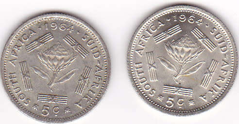 1964 SOUTH AFRICA  FIVE CENTS SILVER (2 COINS - BID  IS PER COIN)