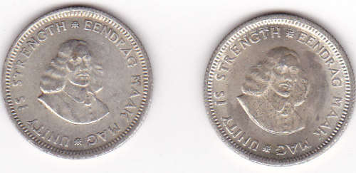 1964 SOUTH AFRICA  FIVE CENTS SILVER (2 COINS - BID  IS PER COIN)